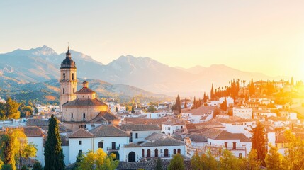 Fototapeta premium A scenic view of a historic town at sunset, featuring traditional architecture and mountains in the background.
