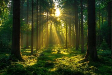 Fototapeta premium Sunbeams Piercing a Misty Forest