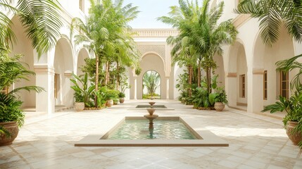 Fototapeta premium A tranquil courtyard features lush greenery, a soothing fountain, and elegant arches, creating a serene oasis for relaxation.