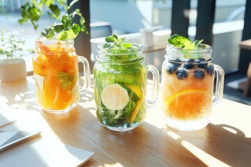 Fototapeta premium Refreshing fresh produce smoothies in clear jars on an outdoor table bathed in sunlight viewed from above