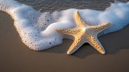 A vibrant starfish rests on the sandy beach, surrounded by gentle waves and foamy water, showcasing the beauty of marine life in a coastal setting.