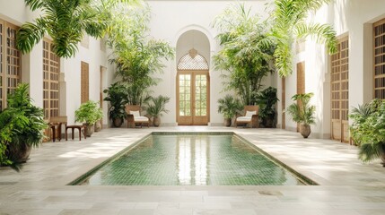 Fototapeta premium A serene indoor space featuring a tranquil pool surrounded by lush greenery and elegant architectural details.