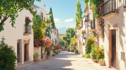 Obraz premium Charming cobblestone street lined with blooming flowers and lush greenery, showcasing picturesque homes under a clear blue sky.