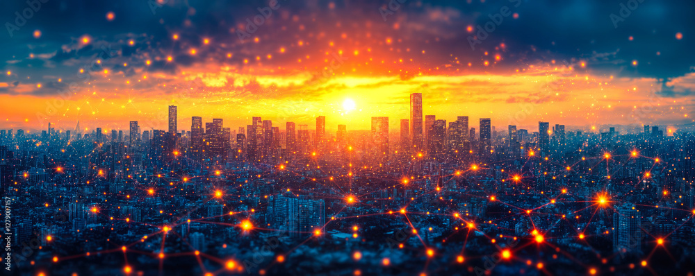 Poster smart city technology with ai and iot network connection under futuristic cloud computing big data s