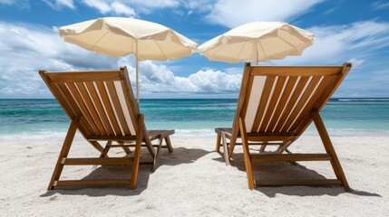 Two beach chairs shaded by umbrellas, set against the backdrop of a serene ocean, inviting relaxation and enjoyment of the coastal ambiance.