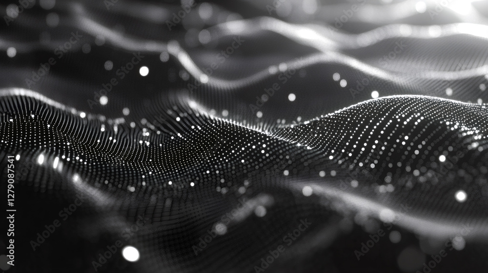Poster abstract wave particles flowing, forming a digital network connection, big data visualization, black