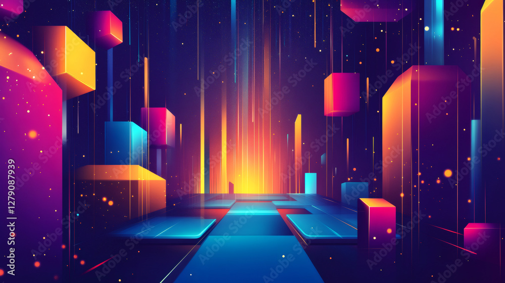 Poster colorful neon lights illuminate futuristic cityscape with floating cubes and bright glowing lines in