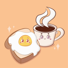 vector illustration breakfast toasted bread with egg and cute coffee in cartoon style