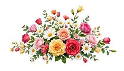 A vibrant bouquet of roses and daisies showcases a beautiful arrangement of colorful flowers, perfect for decoration and celebrations.