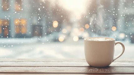 A steaming cup of coffee rests on a wooden table, with snow gently falling in the background and a soft, warm light illuminating the scene.