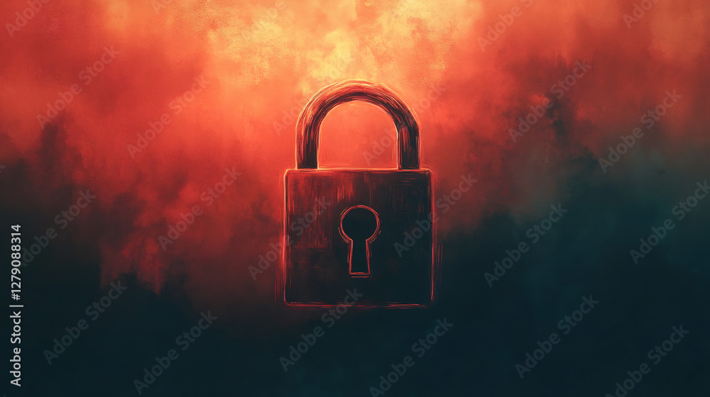 Fototapete closed padlock glowing on a red and black background representing security and data protection