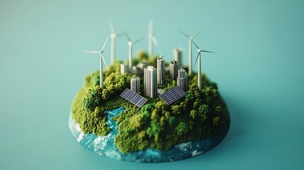 Obraz premium Sustainable City on a Miniature Planet, A miniature planet with a cityscape surrounded by lush greenery, solar panels, and wind turbines, symbolizing sustainable urban development and renewable energy