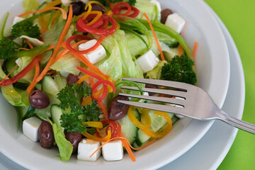 keto diet salad, lettuce, olives, cucumber, carrot, red peppers, cheese, parsley, healthy vegetarian food with a lot of nutrients to help the body with a boost of energy in your diet