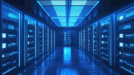 Futuristic server room with illuminated blue racks and advanced networking. Ideal for cloud computing, cybersecurity, and data storage visuals