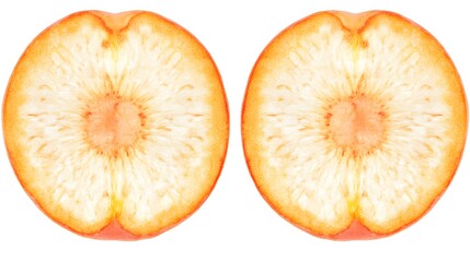 Close Up Sliced Peach Halves Displaying Juicy Texture and Vibrant Colors