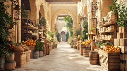 Fototapeta premium A vibrant market scene with wooden stalls filled with fruits, greenery, and spices, set in an ornate, sunlit corridor.