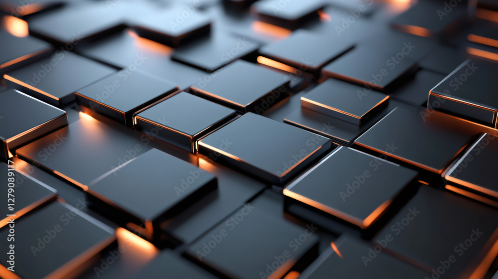Aufkleber Dark reflective tiles with glowing orange edges create a futuristic geometric pattern, emphasizing modern design and technology concepts