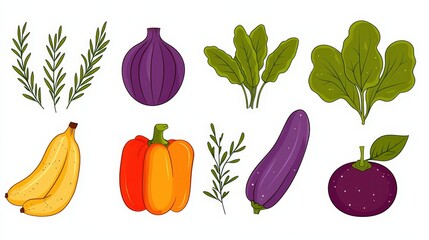 Colorful Variety of Fresh Vegetables and Fruits with Herbs in a Vibrant Illustration