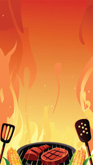 Design a vibrant vector banner showcasing sizzling steaks on a grill, ideal for a barbecue restaurant or food blog. Include realistic flames and delicious-looking meat.