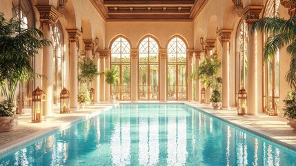Luxurious indoor swimming pool surrounded by elegant architecture and lush greenery, illuminated by natural light streaming through large windows.