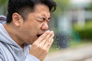 A man sneezes outdoors, highlighting the importance of health and hygiene in public spaces amidst environmental awareness.