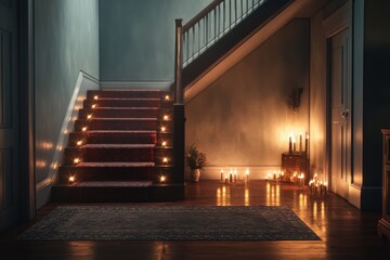 4K photorealistic interior design with stairs and cozy lights