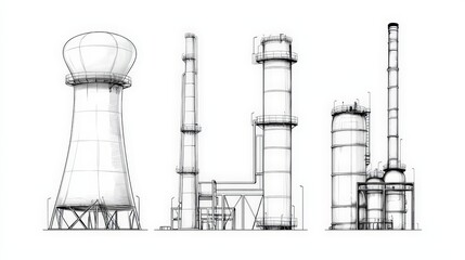 Industrial Infrastructure Outline of Cooling Towers and Chimneys in Black and White Design