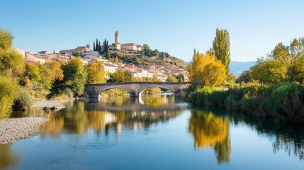 Obraz premium A picturesque river scene featuring a charming town on a hillside, framed by vibrant autumn foliage under a clear blue sky.