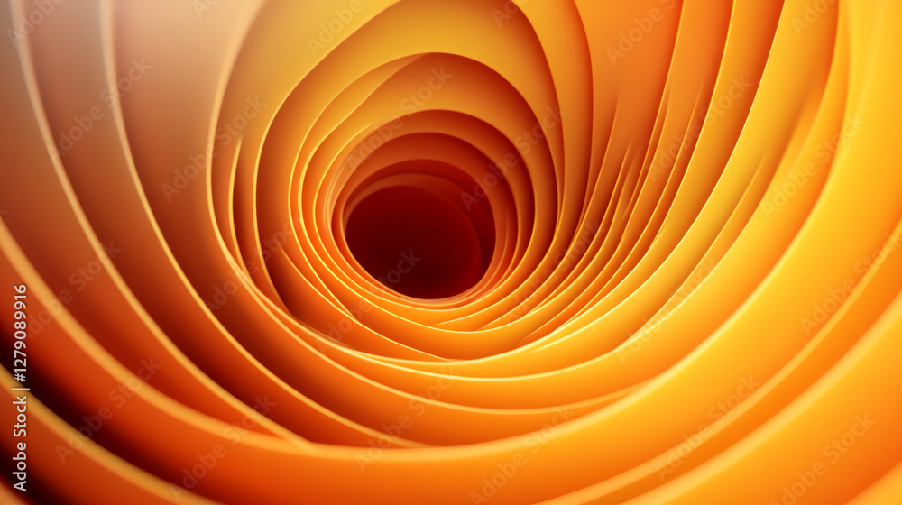 Poster swirling orange paper creates a vortex with a dark center, evoking concepts of infinity, depth, and 