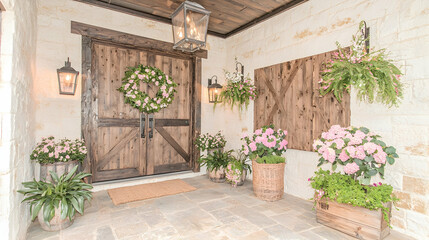 Naklejka premium Farmhouse entryway spring flowers stone