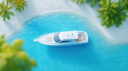 A small boat drifts peacefully on water, surrounded by lush palm trees, creating a serene tropical atmosphere.