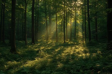 Naklejka premium Sunlight Pierces a Peaceful Forest Canopy