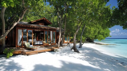 Naklejka premium A quaint wooden house sits on the beach, featuring a charming deck that invites relaxation and coastal enjoyment.