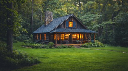 Secluded log cabin nestled in a lush forest at dusk, glowing warmly.