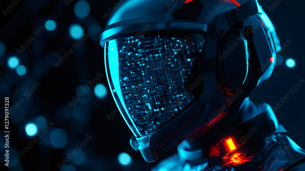 Poster close-up of astronaut wearing futuristic helmet with head-up display, glowing lights, and bokeh back