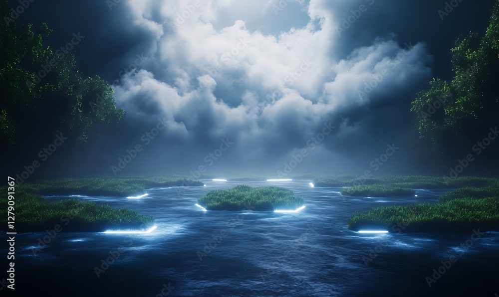 Poster floating geometric landforms illuminated by glowing rivers in a visually striking landscape image.