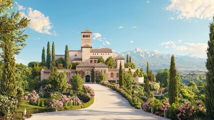 Elegant mansion surrounded by lush greenery and blooming flowers, set against a clear blue sky and mountains in the background.