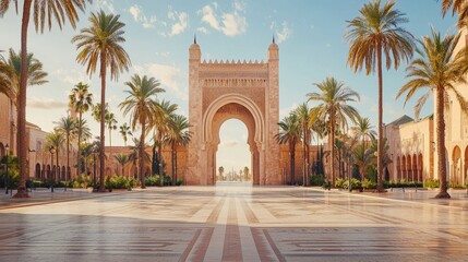 Obraz premium Majestic archway surrounded by palm trees under a blue sky, showcasing the beauty of Moroccan architecture and design.