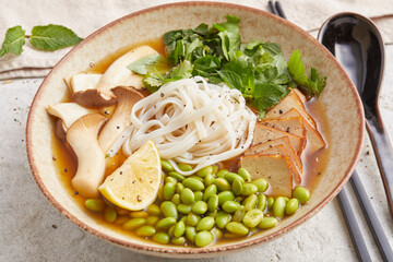 Edamame Mushroom and Rice Noodle Soup