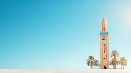 A tall minaret stands against a clear blue sky, surrounded by palm trees, evoking a serene and picturesque landscape.