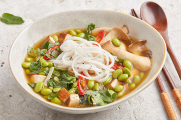 Edamame Mushroom and Rice Noodle Soup