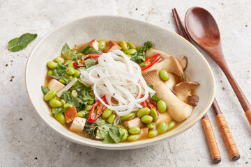 Edamame Mushroom and Rice Noodle Soup