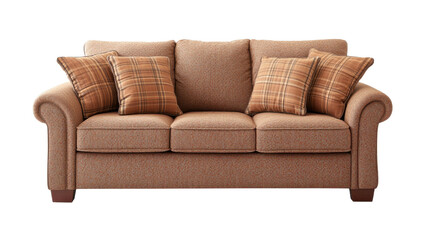 Fototapeta premium Cozy living room sofa, plush brown fabric with soft cushions, perfect for relaxation and family gatherings, ample space available. Isolated on white background or PNG