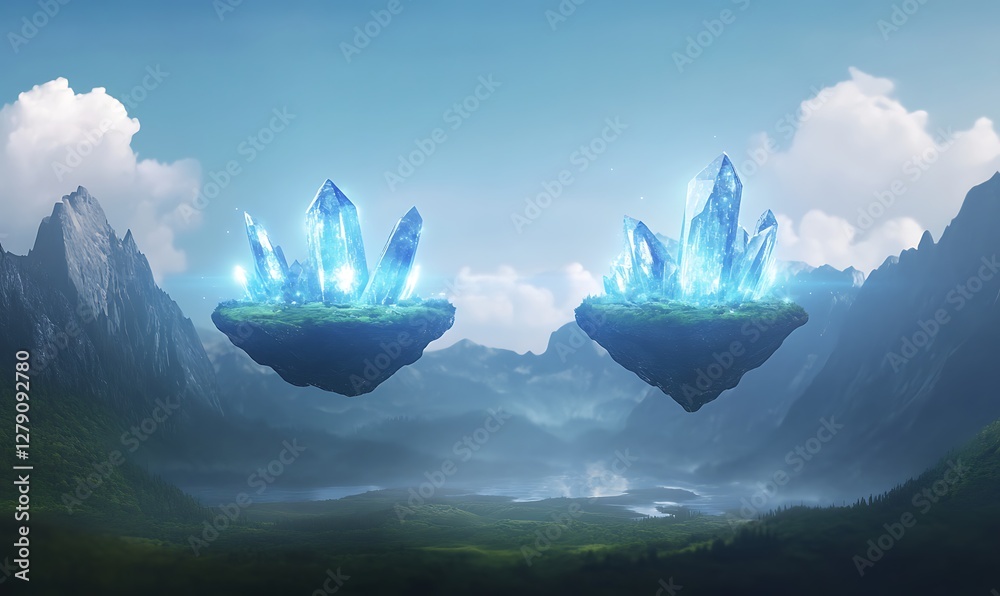 Poster a stunning image of futuristic floating islands adorned with glowing crystals in a surreal landscape