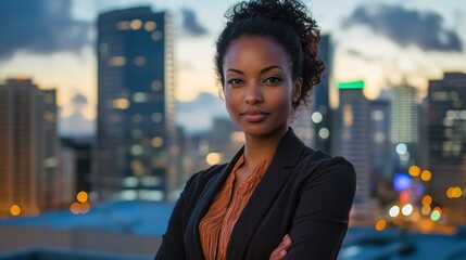 A strong woman standing with confidence against a dramatic cityscape at dusk.