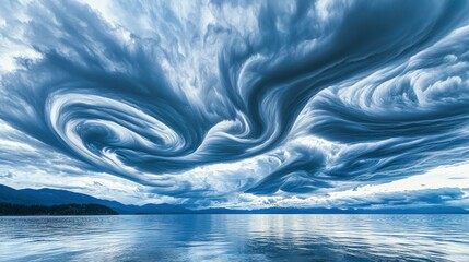 A dramatic scene of large, swirling clouds building up above a quiet, reflective sea.