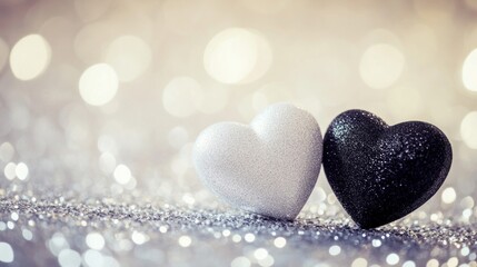 Fototapeta premium Silver and Black Glittering Hearts on Sparkling Background