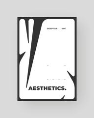 Strict and discreet poster, angular white shapes set against a black background. Decorative minimal backdrop on vertical A4 format. Original geometric shapes composition.