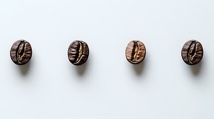 Four Roasted Coffee Beans in a Row on White Background Minimalist Arrangement