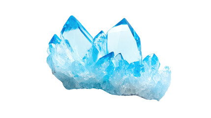 Fototapeta premium Vibrant blue crystal cluster, translucent facets shimmering light, ideal for decorative use or crafting projects, stylish background. Isolated on white background or PNG